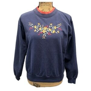 Vintage Top Stitch Floral Embroidered Sweatshirt Navy Cottagecore Pullover sz M